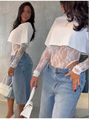 Conjunto body de renda sexy, espartilho modelador de manga comprida feminino