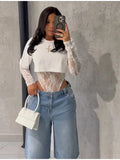 Conjunto body de renda sexy, espartilho modelador de manga comprida feminino