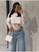 Conjunto body de renda sexy, espartilho modelador de manga comprida feminino