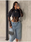 Conjunto body de renda sexy, espartilho modelador de manga comprida feminino